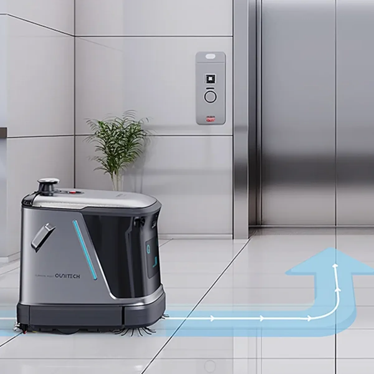 Robot OmniBot prenant l'ascenseur
